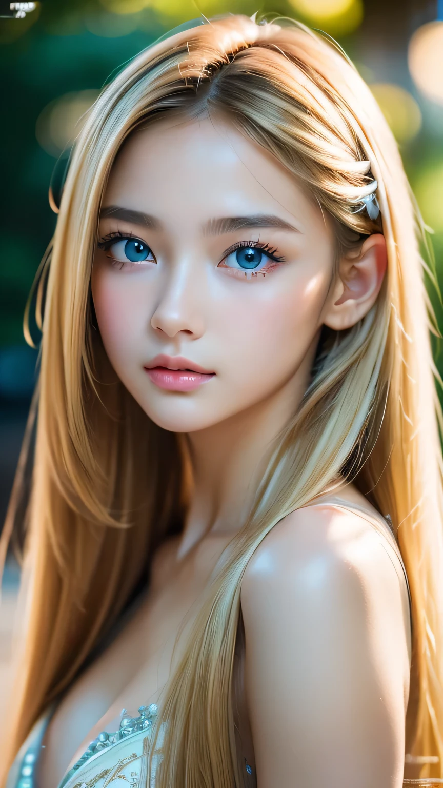night、RAW Photos、(((A portrait of extreme beauty)))、((Glowing Skin))、1 girl、15 years old beautiful girl in Prague、((Natural light blonde hair))、[blue eyes]、Shiny, glossy skin、Silky long straight hair、eyeliner、Long Bangs、Hair between the eyes、Fluttering Hair、((masterpiece、最high quality、Super detailed、Film Light、Intricate details、High resolution、8K、Very detailed))、Detailed Background、8K uhd、Digital SLR、Soft Light、high quality、Film Grain、Fujifilm XT3 、Shallow depth of field、Natural light、（Perfect hands）、Perfect pretty face