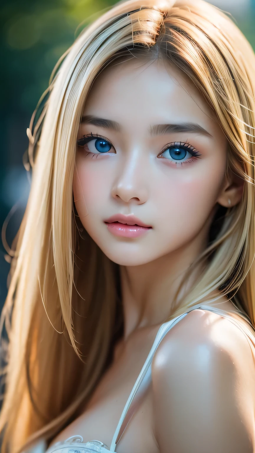 night、RAW Photos、(((A portrait of extreme beauty)))、((Glowing Skin))、1 girl、15 years old beautiful girl in Prague、((Natural light blonde hair))、[blue eyes]、Shiny, glossy skin、Silky long straight hair、eyeliner、Long Bangs、Hair between the eyes、Fluttering Hair、((masterpiece、最high quality、Super detailed、Film Light、Intricate details、High resolution、8K、Very detailed))、Detailed Background、8K uhd、Digital SLR、Soft Light、high quality、Film Grain、Fujifilm XT3 、Shallow depth of field、Natural light、（Perfect hands）、Perfect pretty face