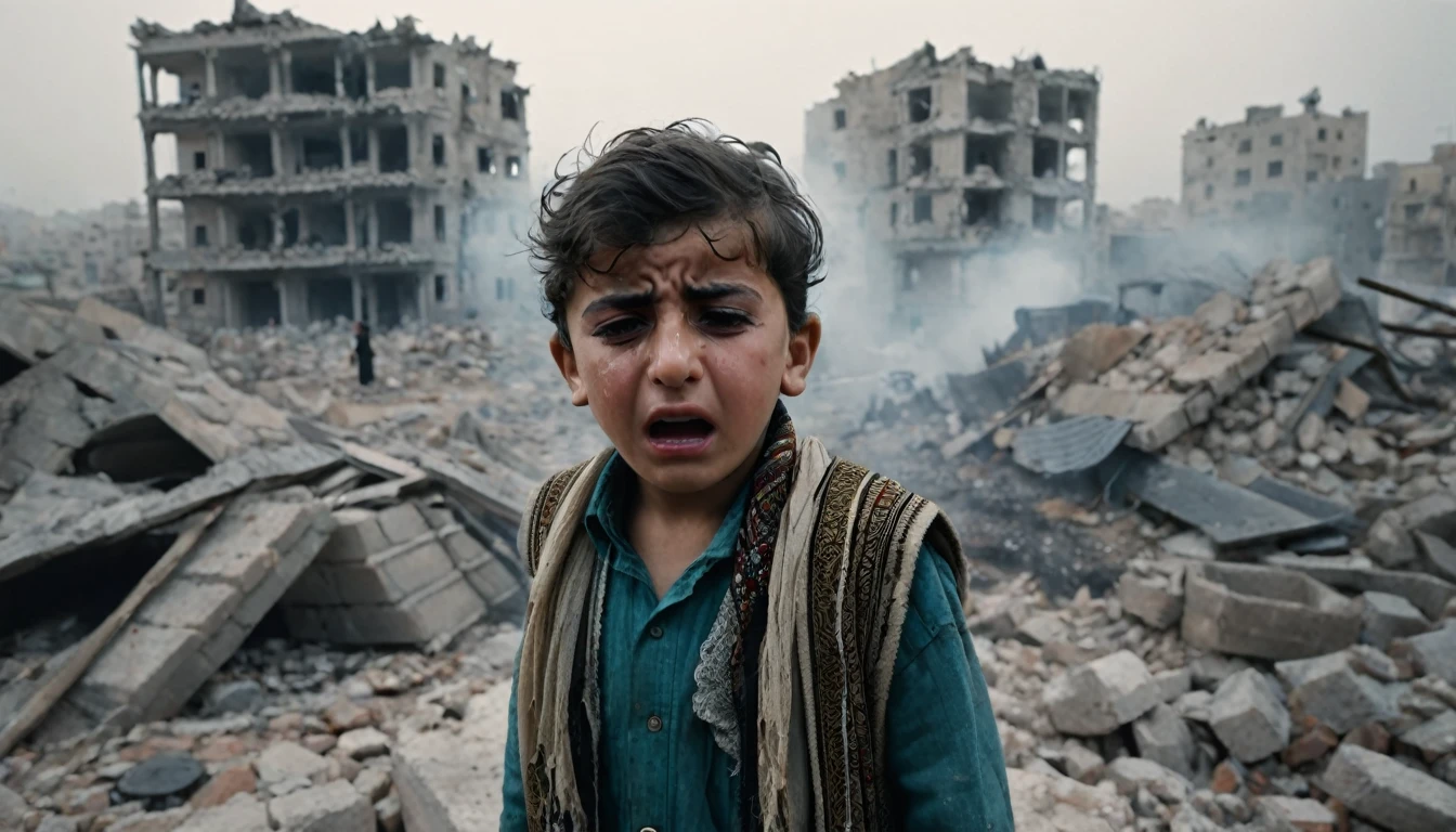 Create a scene suitable for the cover of a YouTube music video, a small Palestinian boy in worn and damaged traditional clothing crying under the rubble. The model of a small crying, tears seemed to flow. showing tears flowing. The background of destroyed buildings, foggy and smoky, shows a tense atmosphere. (8k, cinematic, realistic and detailed, focused)