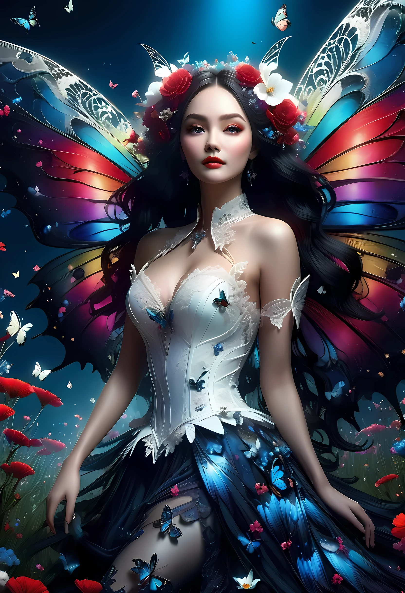 high details, best quality, 16k, RAW, [best detailed], masterpiece, best quality, (extremely detailed), full body, ultra wide shot, photorealistic, dark fantasy art, goth art, RPG art, D&D art, a picture of a dark female fairy resting in a flower meadow, extremely beautiful fairy, ultra feminine (intense details, Masterpiece, best quality), best detailed face (intense details, Masterpiece, best quality), having wide erfly wings, spread butty wings (intense details, Masterpiece, best quality), dark colors wings (intense details, Masterpiece, best quality), black hair, long hair, shinning hair, flowing hair, shy smile, innocent smile, blue eyes, dark red lips, wearing ((white: 1.5)) lace dress (intense details, Masterpiece, best quality), ((white lace: 1.5)) corset (intense details, Masterpiece, best quality), dynamic elegant shirt, chocker, wearing high heels, in dark colored flower meadow (intense details, Masterpiece, best quality), (red flowers: 1.2) , (black flowers: 1.2), (white flowers: 1.2), (blue flowers: 1.3) [extreme many flowers] (intense details, Masterpiece, best quality), dark colorful flowers (intense details, Masterpiece, best quality), flower meadow in a dark goth field background, dim light, cinematic light, High Detail, Ultra High Quality, High Resolution, 16K Resolution, Ultra HD Pictures, 3D rendering Ultra Realistic, Clear Details, Realistic Detail, Ultra High Definition, lace drawing, betmd, DonMF41ryW1ng5XL
