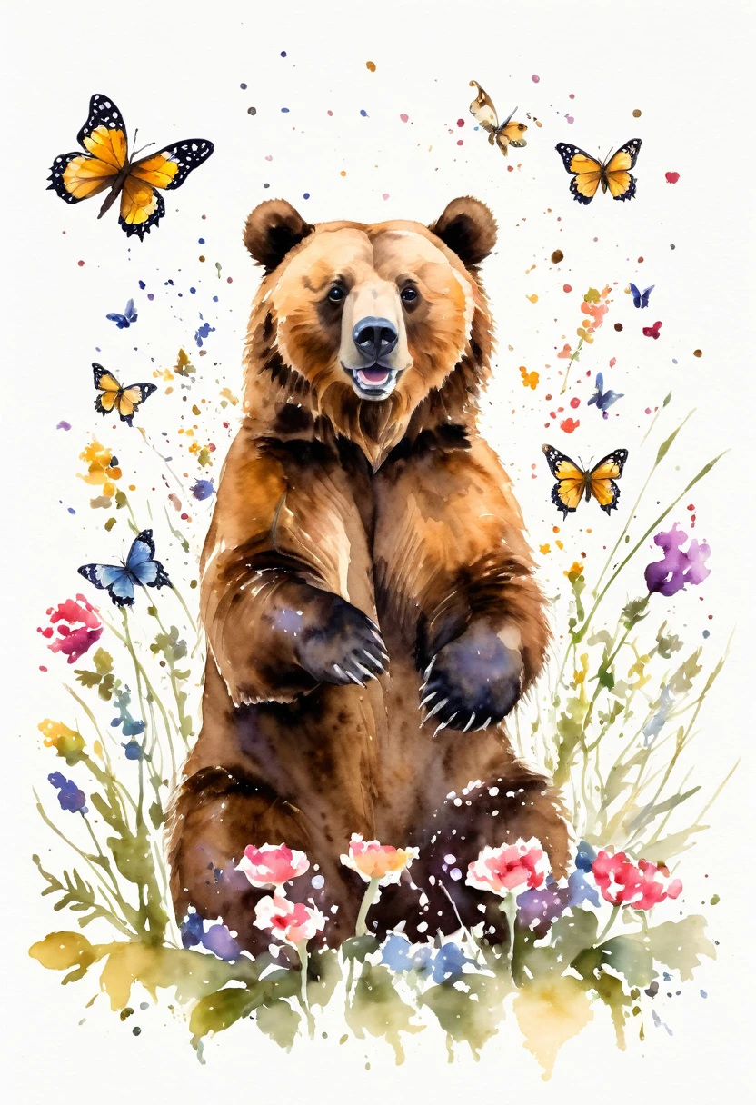 watercolor paint of a grizzlie bear playing with flower and butterflies