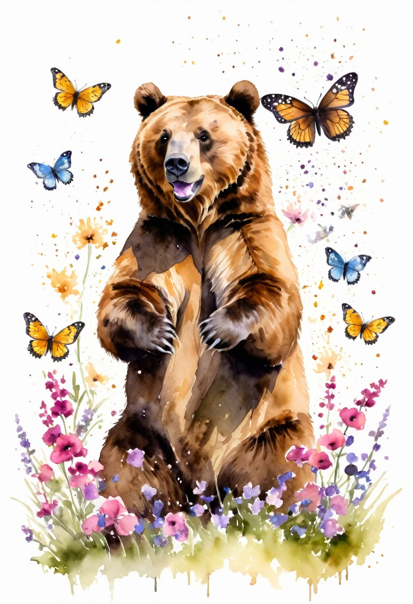 watercolor paint of a grizzlie bear playing with flower and erflies