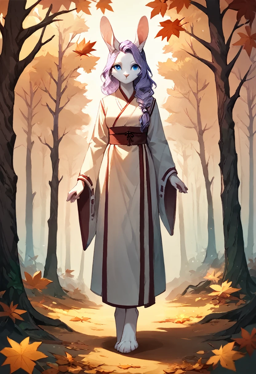 score_9, score_8_up, score_7_up, score_6_up, score_5_up, score_4_up, (solo), female white rabbit, furry, solo, autumn forest, reference sheet, front view, light purple hair, blue eyes, long length wavy hairstyle, scholar clothes, digitigrade