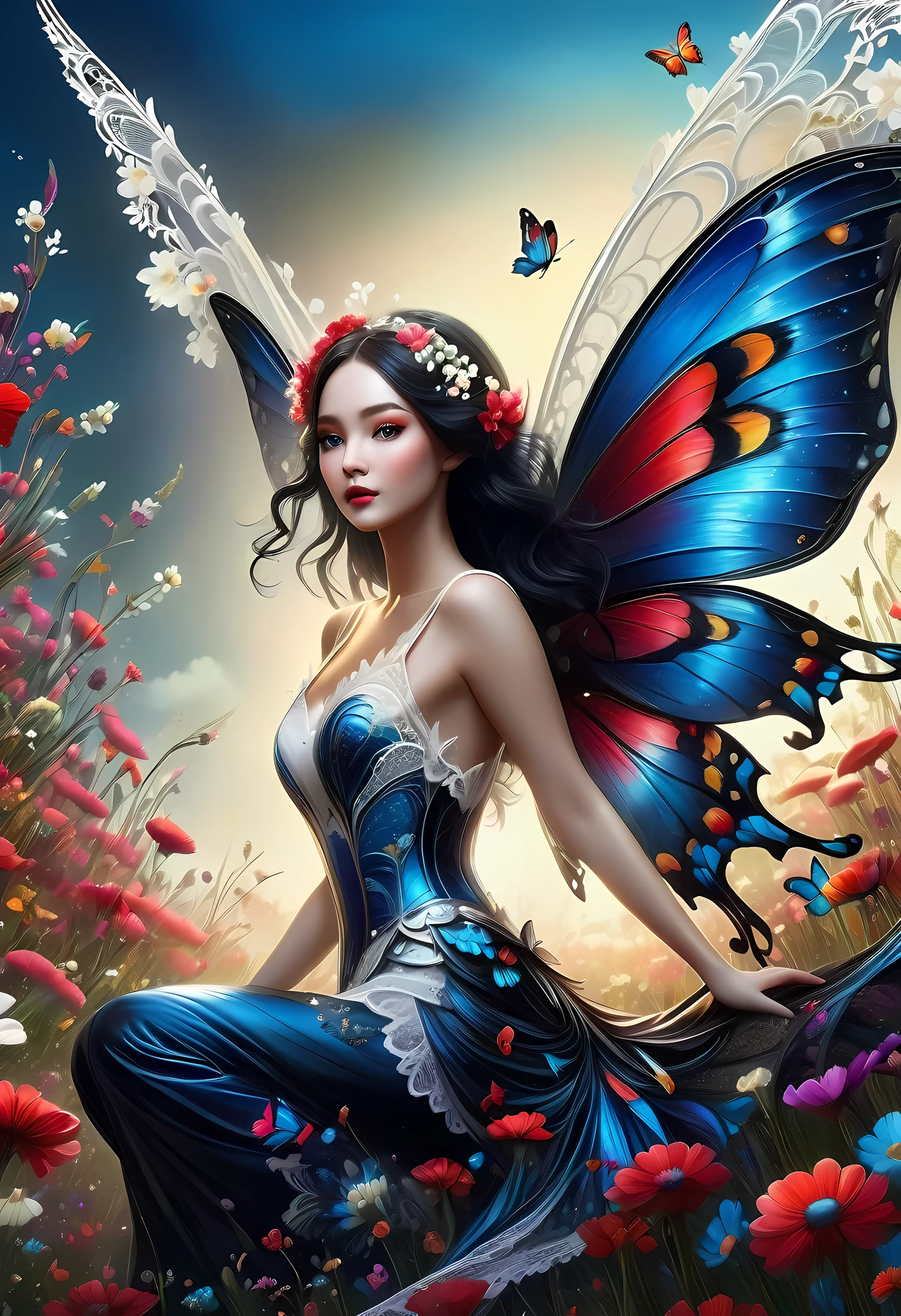 high details, best quality, 16k, RAW, [best detailed], masterpiece, best quality, (extremely detailed), full body, ultra wide shot, photorealistic, dark fantasy art, goth art, RPG art, D&D art, a picture of a dark female fairy resting in a flower meadow, extremely beautiful fairy, ultra feminine (intense details, Masterpiece, best quality), best detailed face (intense details, Masterpiece, best quality), having wide butterfly wings, spread butterfly wings (intense details, Masterpiece, best quality), dark colors wings (intense details, Masterpiece, best quality), black hair, long hair, shinning hair, flowing hair, shy smile, innocent smile, blue eyes, dark red lips, wearing ((white: 1.5)) lace dress (intense details, Masterpiece, best quality), ((white lace: 1.5)) corset (intense details, Masterpiece, best quality), dynamic elegant shirt, chocker, wearing high heels, in dark colored flower meadow (intense details, Masterpiece, best quality), (red flowers: 1.2) , (black flowers: 1.2), (white flowers: 1.2), (blue flowers: 1.3) [extreme many flowers] (intense details, Masterpiece, best quality), dark colorful flowers (intense details, Masterpiece, best quality), flower meadow in a dark goth field background, dim light, cinematic light, High Detail, Ultra High Quality, High Resolution, 16K Resolution, Ultra HD Pictures, 3D rendering Ultra Realistic, Clear Details, Realistic Detail, Ultra High Definition, lace drawing, betmd, DonMF41ryW1ng5XL
