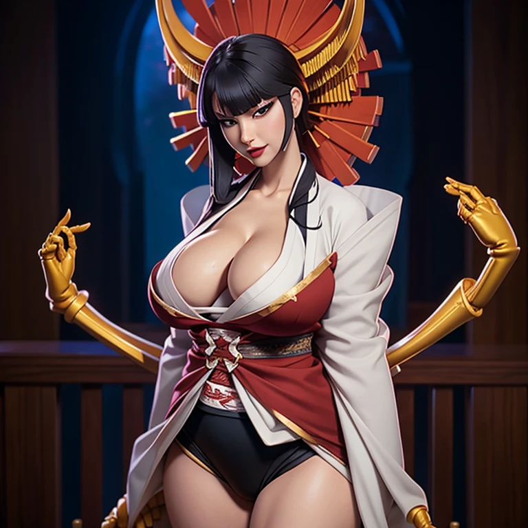 Solo,cleavage, haori, thick thighs, outstanding details, blood,big breasts , moon , kimono, parted lips, katana, standing up,huge boobs,big ass,over size breasts