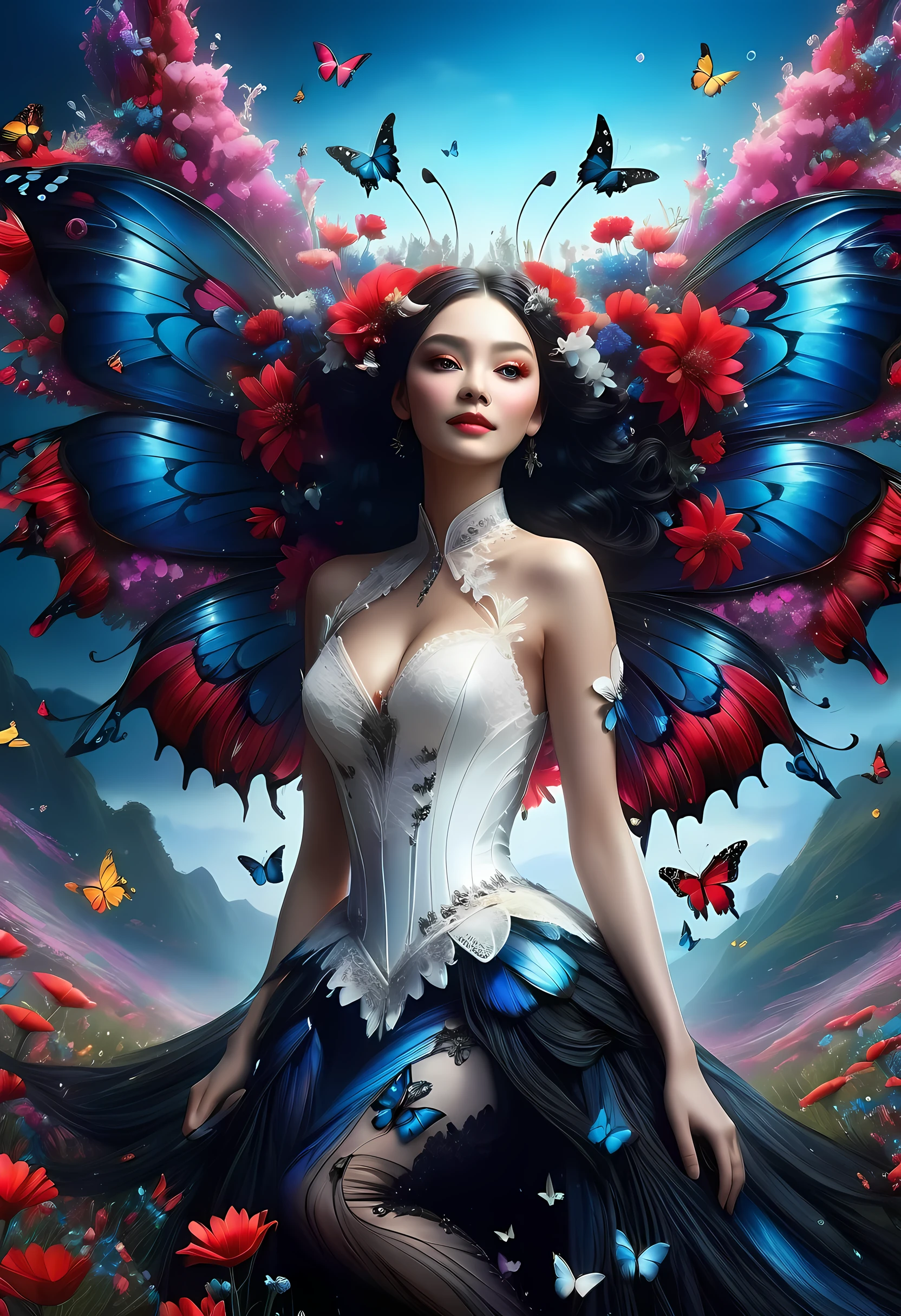 high details, best quality, 16k, RAW, [best detailed], masterpiece, best quality, (extremely detailed), full body, ultra wide shot, photorealistic, dark fantasy art, goth art, RPG art, D&D art, a picture of a dark female fairy resting in a flower meadow, extremely beautiful fairy, ultra feminine (intense details, Masterpiece, best quality), best detailed face (intense details, Masterpiece, best quality), having wide butterfly wings, spread butterfly wings (intense details, Masterpiece, best quality), dark colors wings (intense details, Masterpiece, best quality), black hair, long hair, shinning hair, flowing hair, shy smile, innocent smile, blue eyes, dark red lips, wearing ((white: 1.5)) lace dress (intense details, Masterpiece, best quality), ((white lace: 1.5)) corset (intense details, Masterpiece, best quality), dynamic elegant shirt, chocker, wearing high heels, in dark colored flower meadow (intense details, Masterpiece, best quality), (red flowers: 1.2) , (black flowers: 1.2), (white flowers: 1.2), (blue flowers: 1.3) [extreme many flowers] (intense details, Masterpiece, best quality), dark colorful flowers (intense details, Masterpiece, best quality), flower meadow in a dark goth field background, dim light, cinematic light, High Detail, Ultra High Quality, High Resolution, 16K Resolution, Ultra HD Pictures, 3D rendering Ultra Realistic, Clear Details, Realistic Detail, Ultra High Definition, lace drawing, betmd, DonMF41ryW1ng5XL
