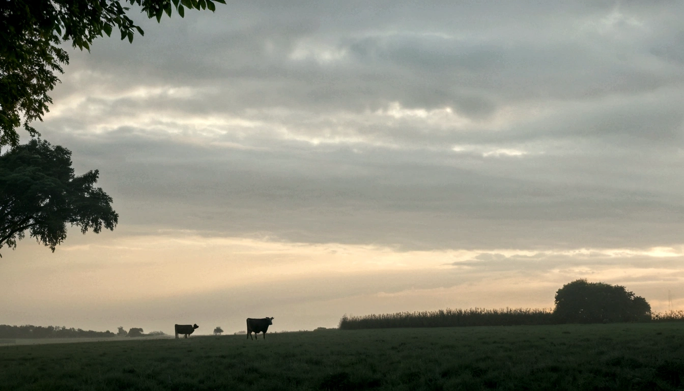 there is a cow standing in a field with a sky background, beautiful late afternoon, overcast dusk, early morning, day setting, overcast dawn, mid morning lighting, moody evening light, moody sky at the back, in the early morning, early morning mood, early evening, moody setting, overcast day, it is afternoon, image from afar, moody morning light