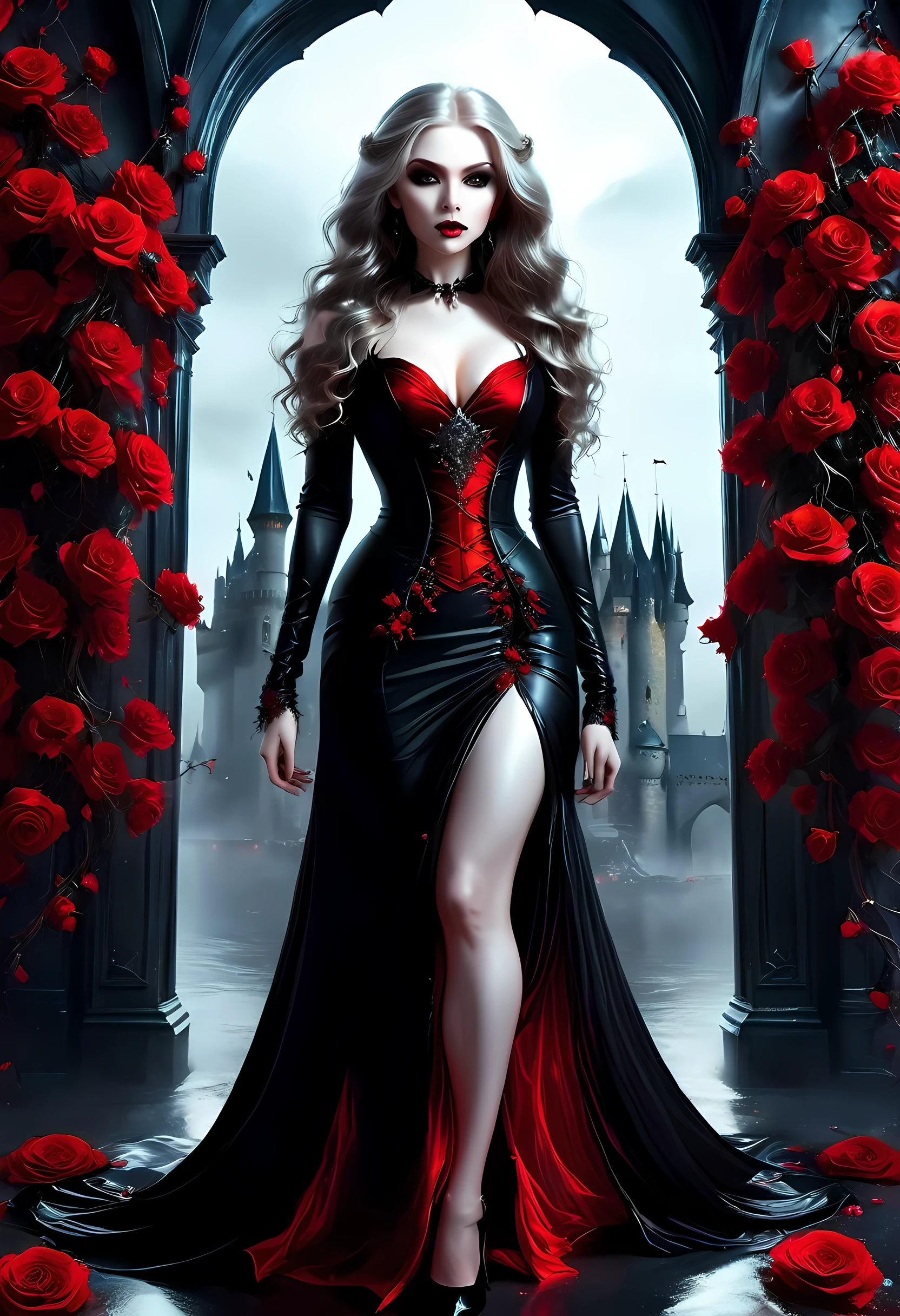 Dark fantasy art, fantasy art, goth art, a picture of a female vampire, exquisite beauty, full body shot, dark glamour shot, pale white skin, dark blond hair, long hair, wavy hair, (icy grey: 1.3) eyes, she wears a (red: 1.3) dress, ArmoredDress, entwined with (black: 1.3) roses betmd, high heells, dark castle porchm, RagingNebula