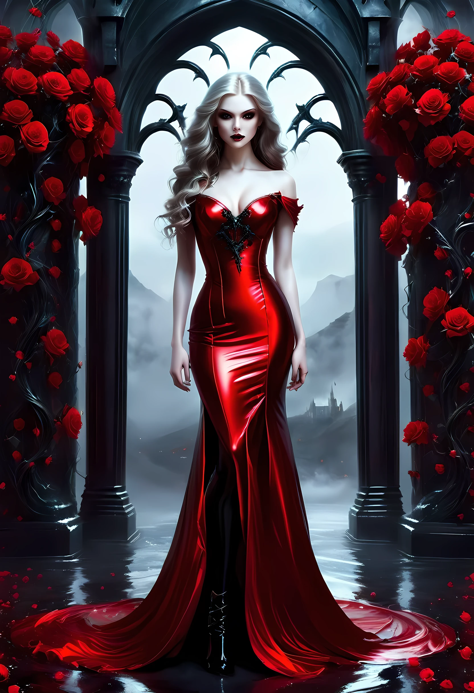 Dark fantasy art, fantasy art, goth art, a picture of a female vampire, exquisite beauty, full body shot, dark glamour shot, pale white skin, dark blond hair, long hair, wavy hair, (icy grey: 1.3) eyes, she wears a (red: 1.3) dress, ArmoredDress, entwined with (black: 1.3) roses betmd, high heells, dark castle porchm, RagingNebula