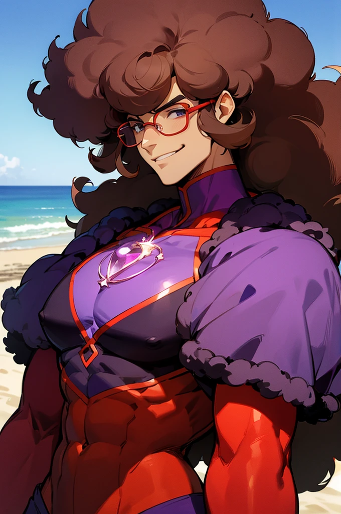 Dark brown Hair, glasses,, Muscular, big afro hair, purple gem on chest, blue and red outfit, smirk, beach background
