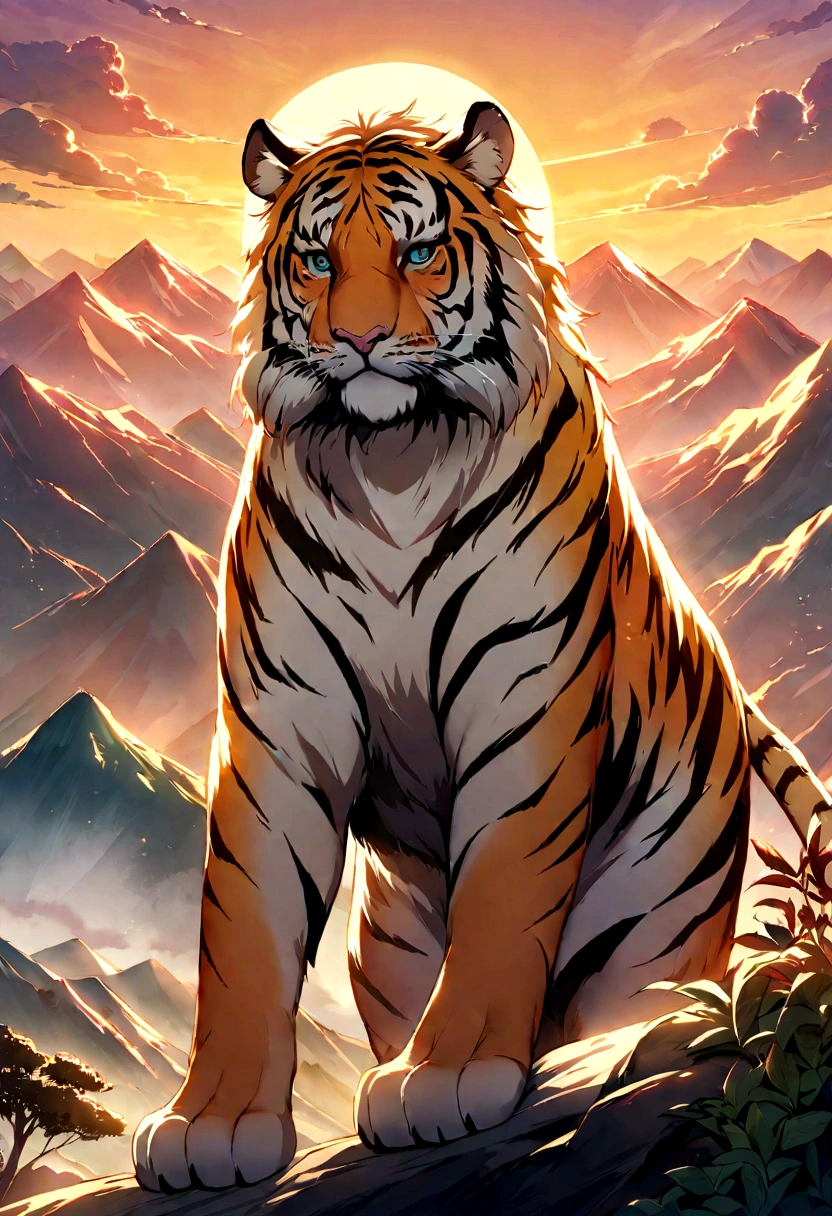 In this scenario，A majestic tiger stands on top of a magnificent mountain。The background is the sun slowly setting，Light shines across the landscape，Create warm and spectacular sunset views。The tiger&#39;s mane flutters gently in the breeze，His gaze is firm and confident。This image shows the beauty and power of wild animals in their natural ecology，ao mesmo tempo, The grandeur and magnificence of nature is emphasized。It is an image that makes you marvel and feel the beauty of nature，The stunning view of tigers at sunset moments from the top of the mountain perfectly captures。