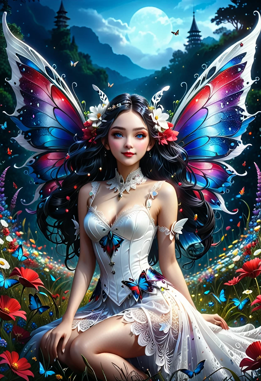 high details, best quality, 16k, RAW, [best detailed], masterpiece, best quality, (extremely detailed), full body, ultra wide shot, photorealistic, dark fantasy art, goth art, RPG art, D&D art, a picture of a dark female fairy resting in a flower meadow, extremely beautiful fairy, ultra feminine (intense details, Masterpiece, best quality), best detailed face (intense details, Masterpiece, best quality), having wide butterfly wings, spread butterfly wings (intense details, Masterpiece, best quality), dark colors wings (intense details, Masterpiece, best quality), black hair, long hair, shinning hair, flowing hair, shy smile, innocent smile, blue eyes, dark red lips, wearing ((white: 1.5)) lace dress (intense details, Masterpiece, best quality), ((white lace: 1.5)) corset (intense details, Masterpiece, best quality), dynamic elegant shirt, chocker, wearing high heels, in dark colored flower meadow (intense details, Masterpiece, best quality), (red flowers: 1.2) , (black flowers: 1.2), (white flowers: 1.2), (blue flowers: 1.3) [extreme many flowers] (intense details, Masterpiece, best quality), dark colorful flowers (intense details, Masterpiece, best quality), flower meadow in a dark goth field background, dim light, cinematic light, High Detail, Ultra High Quality, High Resolution, 16K Resolution, Ultra HD Pictures, 3D rendering Ultra Realistic, Clear Details, Realistic Detail, Ultra High Definition, lace drawing, betmd, DonMF41ryW1ng5XL
