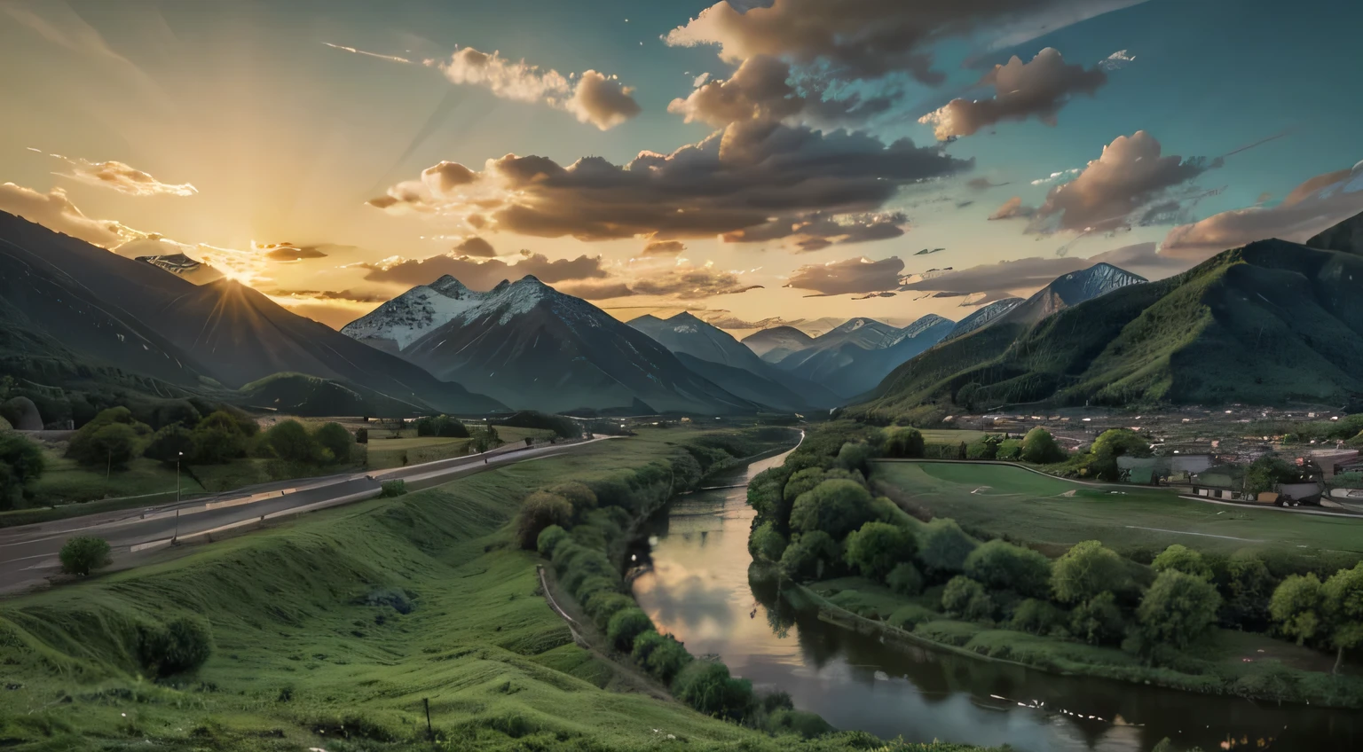 A green valley with a river and surrounded by mountains with a sunset sky between clouds