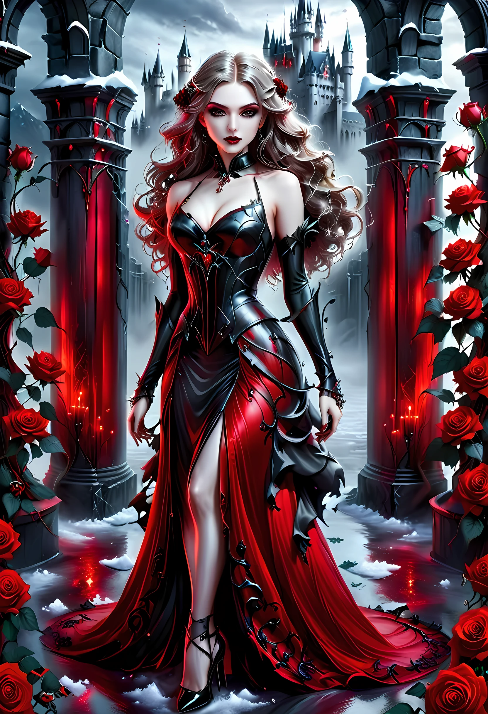 Dark fantasy art, fantasy art, goth art, a picture of a female vampire, exquisite beauty, full body shot, dark glamour shot, pale white skin, dark blond hair, long hair, wavy hair, (icy grey: 1.3) eyes, she wears a (red: 1.3) dress, ArmoredDress, entwined with (black: 1.3) roses betmd, high heells, dark castle porchm, RagingNebula