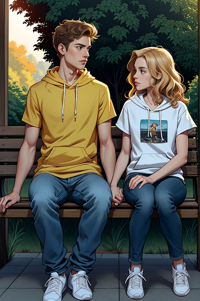 Create a heartwarming illustration of Nick and Charlie sitting on a bench. Nick is a tall, athletic ager with short, wavy blond hair and a kind expression. He often wears casual clothing like jeans and a t-shirt. Charlie is slightly shorter,caucasian, with dark curly hair and a more slender build. He has a gentle, thoughtful expression and often wears a hoodie and sneakers. The background should be a peaceful park setting with soft lighting, possibly during sunset, to give a warm and serene atmosphere. The characters should be sitting close together, perhaps holding hands or with their shoulders touching, to emphasize their close bond.