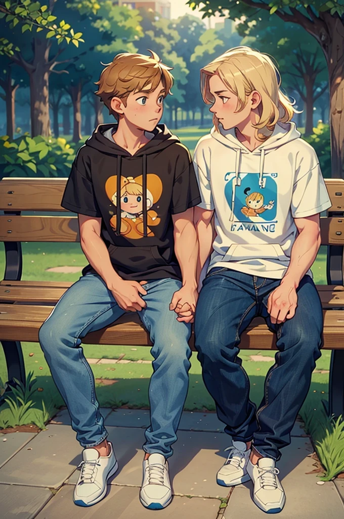 Create a heartwarming illustration of Nick and Charlie sitting on a bench. Nick is a tall, athletic teenager with short, wavy blond hair and a kind expression. He often wears casual clothing like jeans and a t-shirt. Charlie is slightly shorter,caucasian, with dark curly hair and a more slender build. He has a gentle, thoughtful expression and often wears a hoodie and sneakers. The background should be a peaceful park setting with soft lighting, possibly during sunset, to give a warm and serene atmosphere. The characters should be sitting close together, perhaps holding hands or with their shoulders touching, to emphasize their close bond.