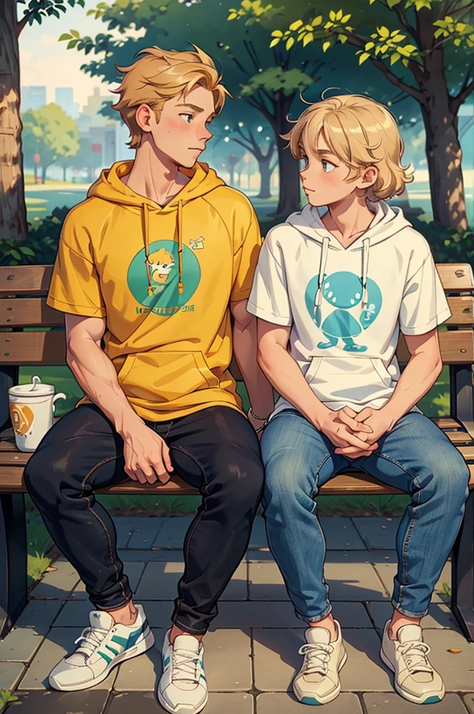 Create a heartwarming illustration of Nick and Charlie sitting on a bench. Nick is a tall, athletic teenager with short, wavy blond hair and a kind expression. He often wears casual clothing like jeans and a t-shirt. Charlie is slightly shorter,caucasian, with dark curly hair and a more slender build. He has a gentle, thoughtful expression and often wears a hoodie and sneakers. The background should be a peaceful park setting with soft lighting, possibly during sunset, to give a warm and serene atmosphere. The characters should be sitting close together, perhaps holding hands or with their shoulders touching, to emphasize their close bond.