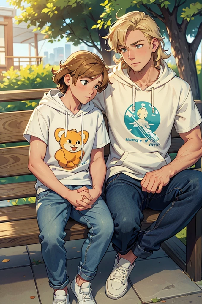 Create a heartwarming illustration of Nick and Charlie sitting on a bench. Nick is a tall, athletic teenager with short, wavy blond hair and a kind expression. He often wears casual clothing like jeans and a t-shirt. Charlie is slightly shorter,caucasian, with dark curly hair and a more slender build. He has a gentle, thoughtful expression and often wears a hoodie and sneakers. The background should be a peaceful park setting with soft lighting, possibly during sunset, to give a warm and serene atmosphere. The characters should be sitting close together, perhaps holding hands or with their shoulders touching, to emphasize their close bond.