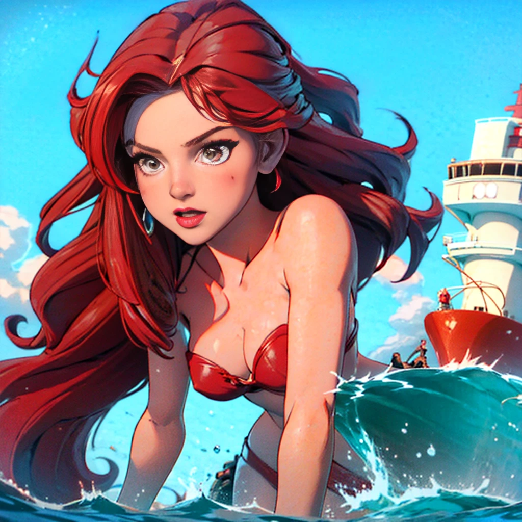 Giantess appears from underwater in front of a giant cruise ship, the cruise ship looks very small in front of her because it is giant, she is naked, she has red hair and white skin, she has small breasts but very sexy legs and her body is very curvy. Goddess, Attack, giant, cruise ship, naked, sexy, hot, ocean, in the middle of the ocean, without buildings, High quality, Red hair, excited girl, hottest, tall girl, sexy legs, monster girl, Standing, cruise ship, cruise, giant cruise, attacking, evil giantess