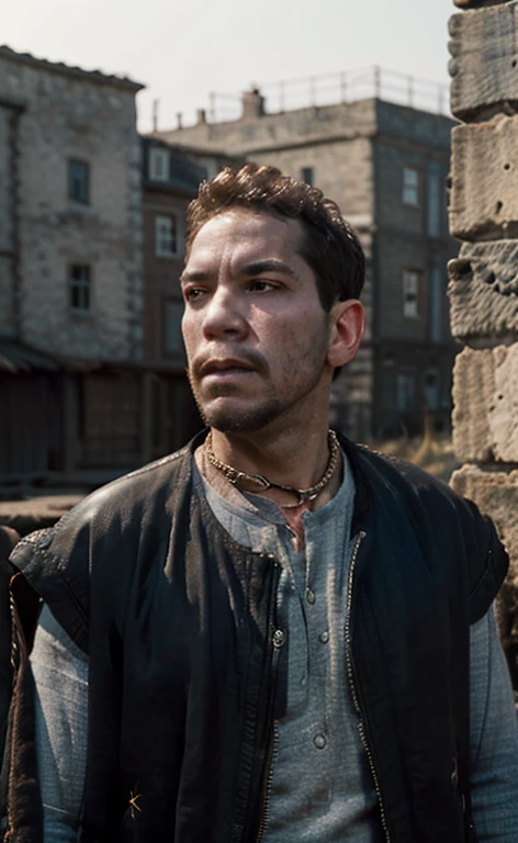 (Best Quality:1.3), Filming of movies, Masterpiece, (sharp focus:1.5), (natural:1.3), Medium portrait (A young Viking warrior looks tired,But still proud and fierce, Now he is the mayor of the town., Wearing exquisite armor of chains and leather., There are several lit torches on the wall., Give the scene a dark atmosphere.,But the shape has a stark contrast between light and dark.), evening, (highly refined leather), (detailed face), detailed background, Dark light, twilight lighting, volumetric lighting, intricate details, ultra high definition,