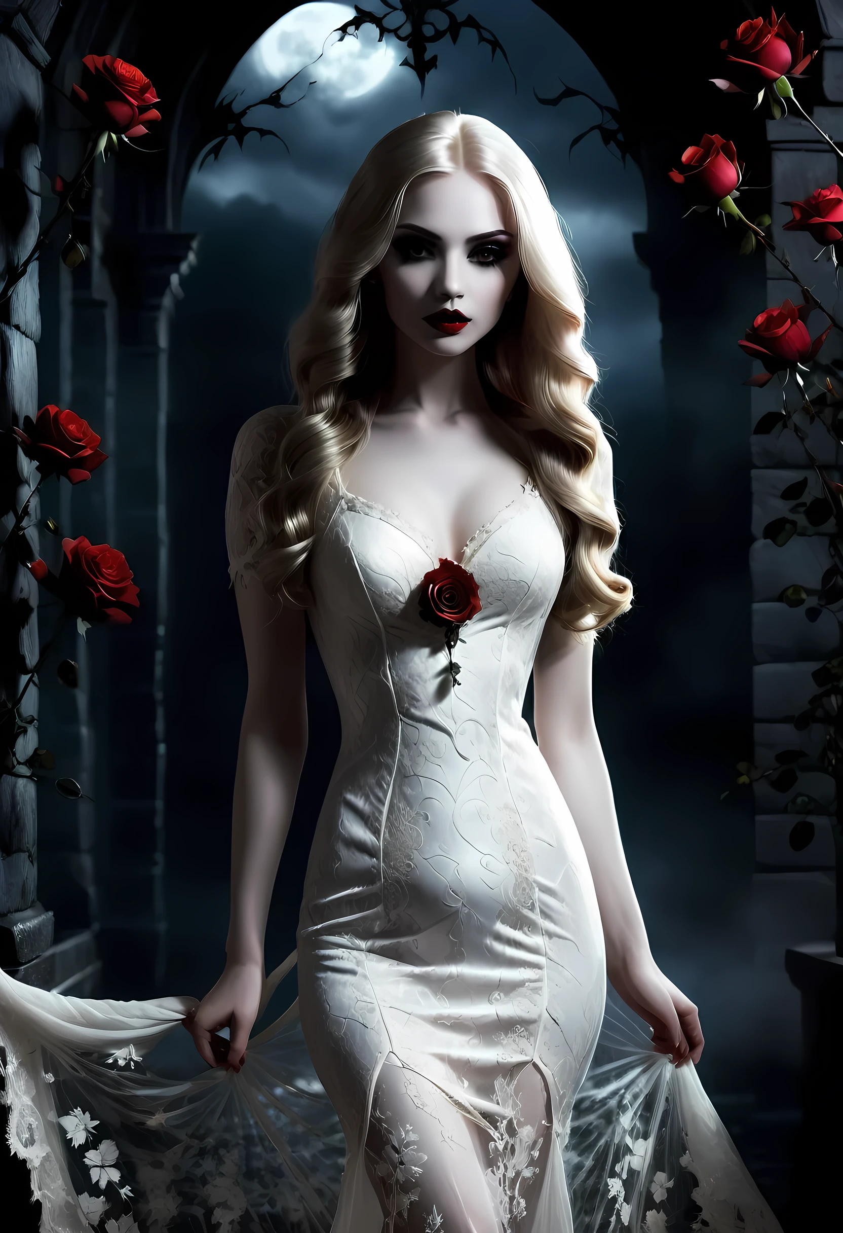 Dark fantasy art, fantasy art, goth art, a picture of a female vampire, exquisite beauty, full body shot, dark glamour shot, pale white skin, dark blond hair, long hair, wavy hair, (glowing grey: 1.3) eyes, she wears a (white lace dress: 1.3) exquisite, beautiful, half sheer dress, ((white lace: 1.5)) dress (intense details, Masterpiece, best quality: 1.5), ArmoredDress, the roses are imprinted on the dress (black: 1.4) black roses betmd, high heells, dark castle porchm, dark, black and color