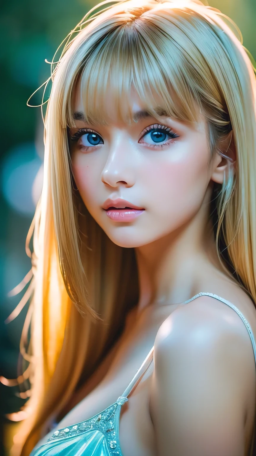night、RAW Photos、(((A portrait of extreme beauty)))、((Glowing Skin))、1 girl、15 years old beautiful girl in Prague、((Natural light blonde hair))、[blue eyes]、Shiny, glossy skin、Silky long straight hair、eyeliner、Long Bangs、Hair between the eyes、Fluttering Hair、((masterpiece、最high quality、Super detailed、Film Light、Intricate details、High resolution、8K、Very detailed))、Detailed Background、8K uhd、Digital SLR、Soft Light、high quality、Film Grain、Fujifilm XT3 、Shallow depth of field、Natural light、（Perfect hands）、Perfect pretty face
