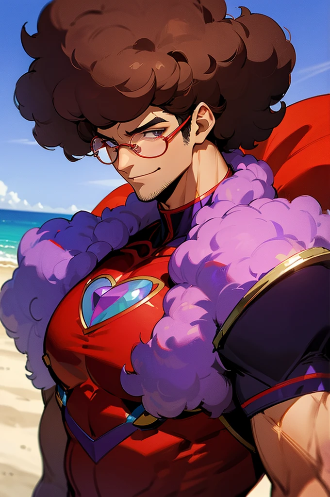 Dark brown Hair, glasses,, Muscular, big afro hair, purple gem on chest, blue and red outfit, smirk, beach background, young. male,