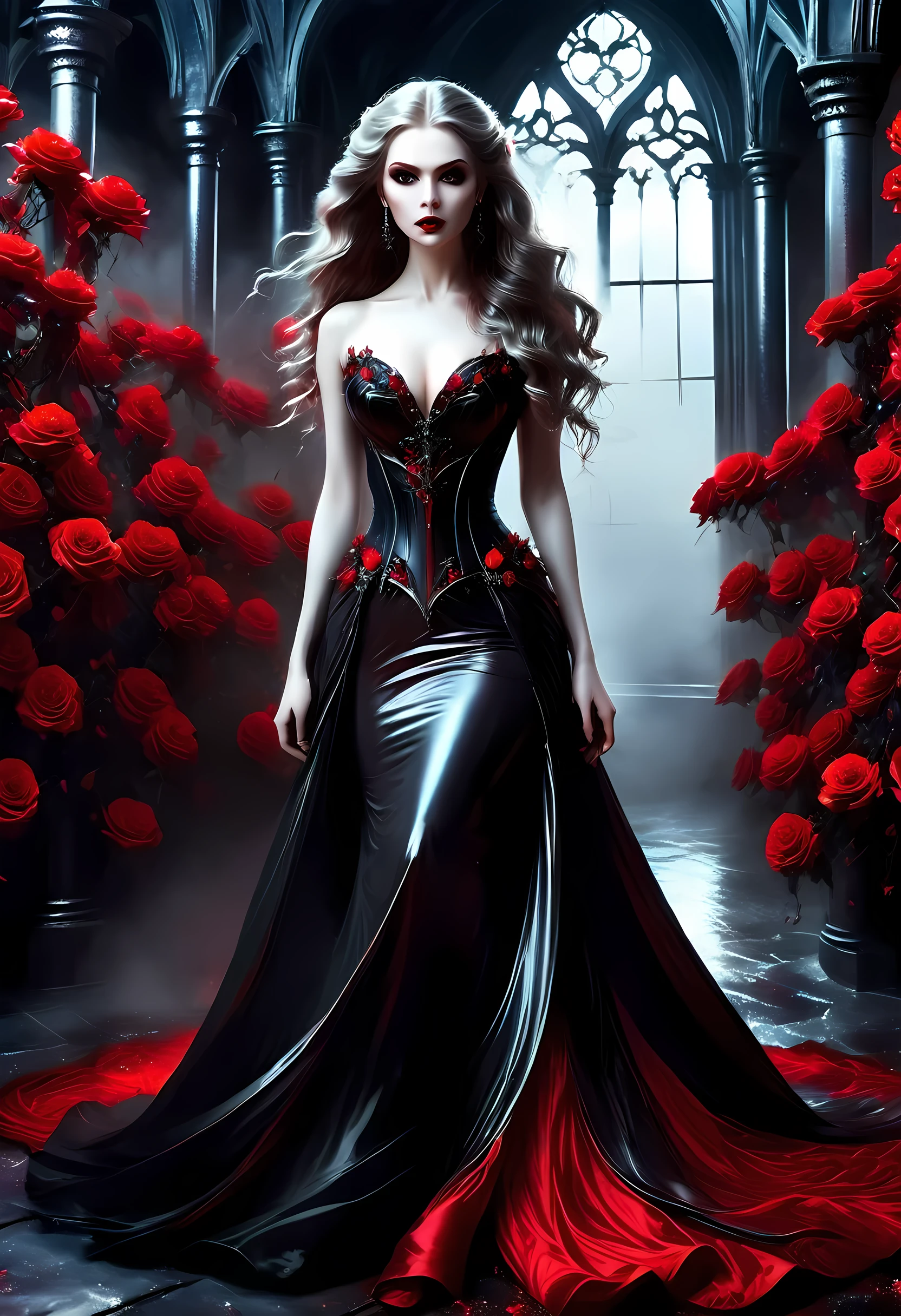 Dark fantasy art, fantasy art, goth art,  a picture of a female vampire, exquisite beauty, full body shot, dark glamour shot,  pale white skin, dark blond hair, long hair, wavy hair, (icy grey: 1.3) eyes,  she  wears a (red: 1.3) dress, ArmoredDress, entwined with (black: 1.3)  roses betmd, high heells, dark castle porchm, RagingNebula