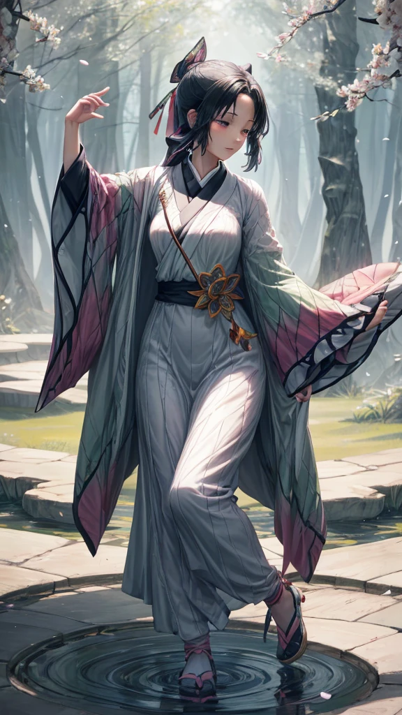 In the heart of an ancient garden, where time unfolds in sakura petals, it rises. The black-haired woman, dressed in silk and shadows, is a figure of mystery and power. His green eyes reflect the soft light of twilight, like bamboo leaves swaying in the wind. She holds the katana with grace, the blade polished like a mirror to the spiritual world. The sword is an extension of your soul, an inheritance from the ancestors who danced beneath the same trees. The ivory hilt is carved with ancient symbols, secrets only she knows. Cherry blossoms fall around you, a veil of pink and white. Each petal is a sigh of nature, a promise of renewal. She walks on the soft carpet, her steps silent like the secrets she keeps. The trees whisper ancient stories, and she listens to them with trained ears. Her kimono is a rainbow of subtle colors: deep indigo, pale pink, moss green. The intricate patterns tell the story of your lineage, the triumphs and tragedies that shaped your journey. She is a guardian, a protector of the mysteries that permeate the world. The wind plays with her hair, unraveling the black strands like silk ribbons. She closes her eyes and feels the energy of the earth flowing through her. The ancient gods watch her, pleased with her devotion. She is the bridge between the visible and the invisible, the guardian of harmony. All around you, flowers fall like rain, an ephemeral spectacle that transcends time. She dances with the petals, spinning and twirling, her movements fluid like water in a stream. Every step is a prayer, every gesture a reverence for life and death. She is the incarnation of spring, the promise of rebirth after winter. Her eyes shine with the wisdom of the centuries, and she knows that her mission is eternal. She protects the secrets of the forest, the spirits that dance in the shadows, the dreams that unfold under the moon. When night falls, she becomes one with the stars. Your spirit rises, leaving the material world behind. She merges with the