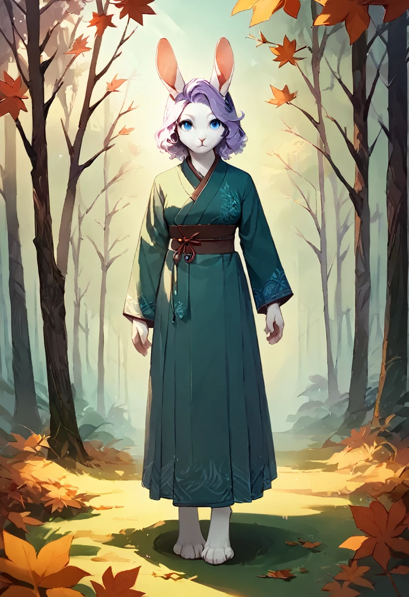 score_9, score_8_up, score_7_up, score_6_up, score_5_up, score_4_up, (solo), female white rabbit, furry, solo, autumn forest, reference sheet, front view, light purple hair, blue eyes, long length wavy hairstyle, scholar clothes, digitigrade