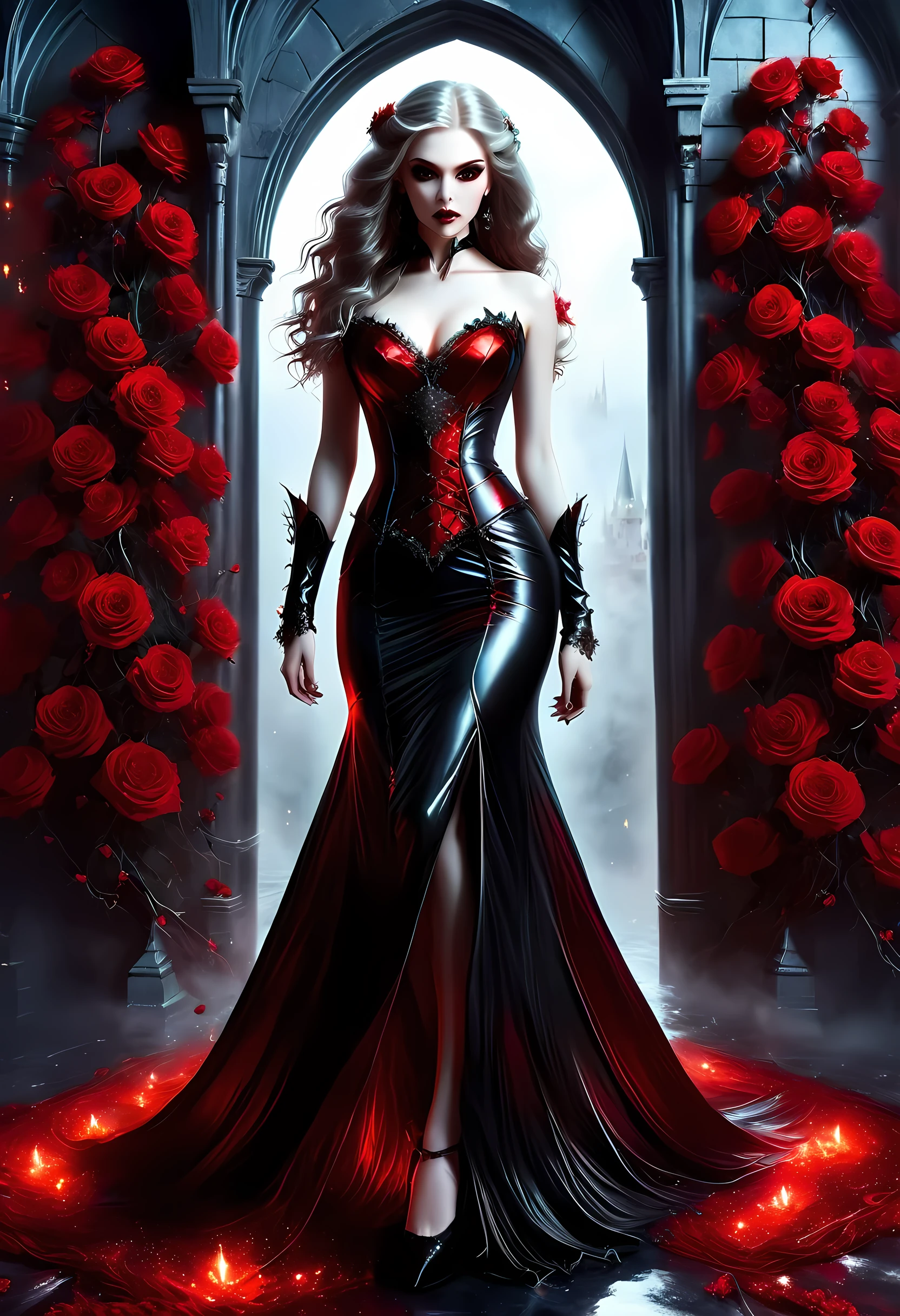 Dark fantasy art, fantasy art, goth art, a picture of a female vampire, exquisite beauty, full body shot, dark glamour shot, pale white skin, dark blond hair, long hair, wavy hair, (icy grey: 1.3) eyes, she wears a (red: 1.3) dress, ArmoredDress, entwined with (black: 1.3) roses betmd, high heells, dark castle porchm, RagingNebula