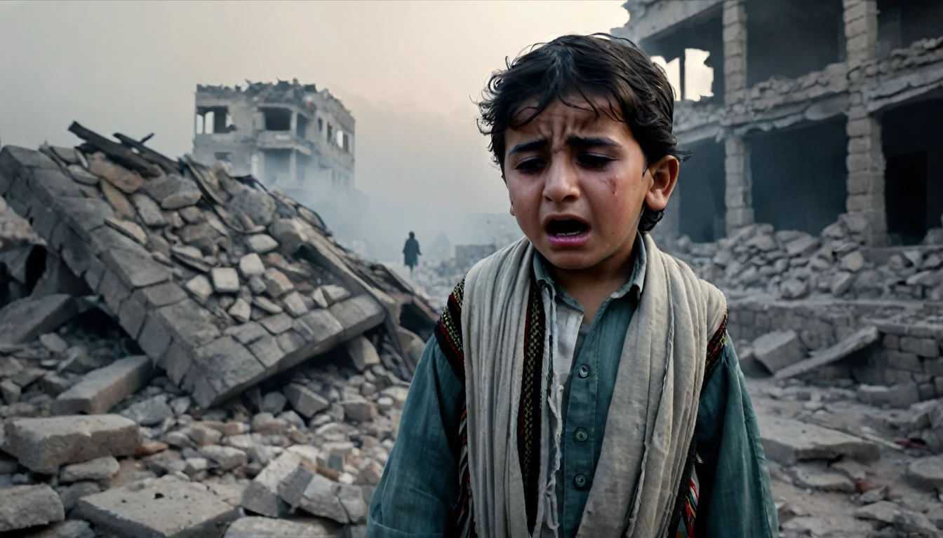Create a scene suitable for the cover of a YouTube music video, a small Palestinian boy in worn and damaged traditional clothing crying under the rubble. The model of a small crying, tears seemed to flow. showing tears flowing. The background of destroyed buildings, dark,foggy and smoky, shows a tense atmosphere. (image suitable for music video covers), (8k, cinematic, realistic and detailed, focused)