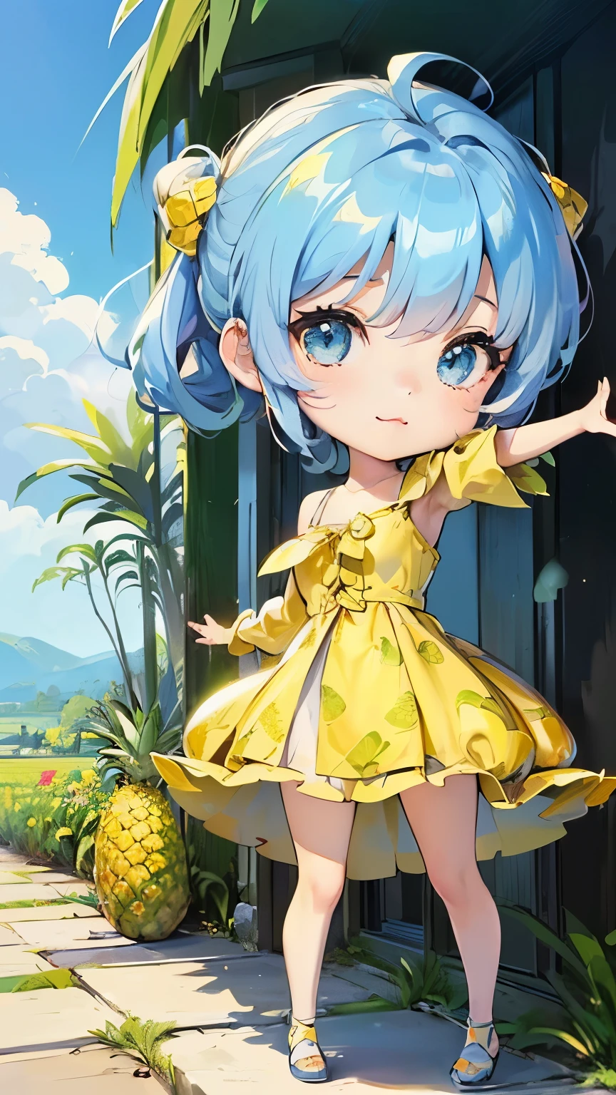 ((style:Colored pencil,pale colour)),(Chibi animation、One Chibi、masterpiece、Colored pencilで描かれた:1.2)、(Chibi Body、Small face、Cute all over、Light blue hair color, Short chignon hair:1.4),(Highly detailed eyes、Light blue eyes、Breast enlargement、Gloss Lip、 :3, Ahoge, Very thin legs)、(Big fresh pineapple:1.5)、(The daily life of the nobility、The best clothes for chibi characters、National costume、Dress stylishly:1.5),(Beautiful scenery in Europe、The wind is blowing、Pineapple Tower、Pineapple scene、Micro underwear accidentally seen、Hidden、Plains of the field:1.3)