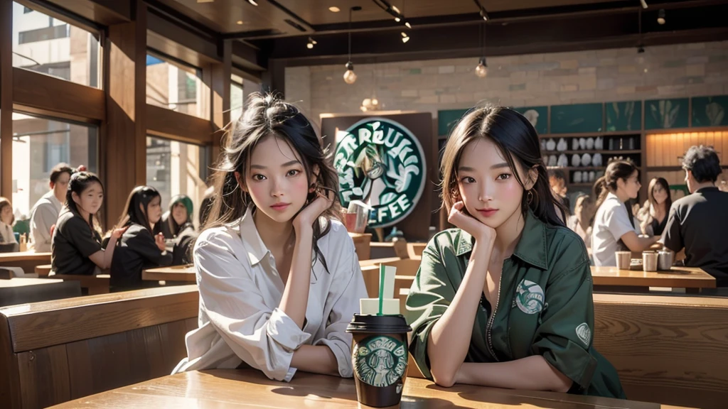 8K、RAW Photos、Highest quality、Super detailed、Super Resolution、Ultra HD、8K壁紙、Amazing details
(((Inside the Starbucks store)))、Woman sitting at a table by the window、-yeld giGirls&#39; High School Uniforms、Eat cake、Drink coffee、smile((Emphasize cleavage))
