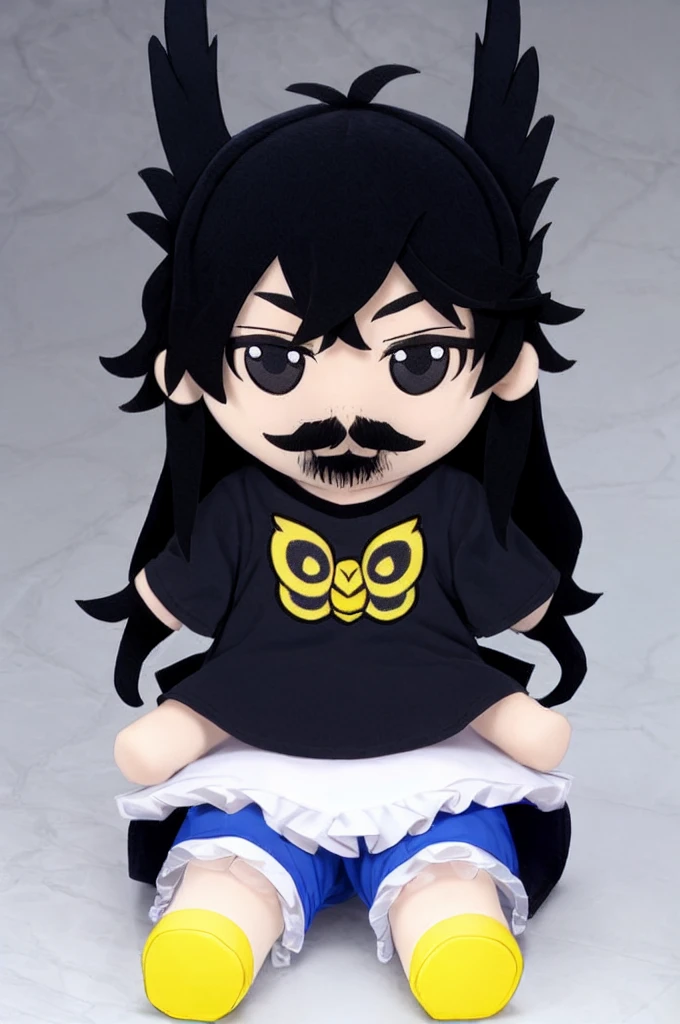 masterpiece, best quality, 1boy, solo, sitting, ((no background)), black hair, black eyes, blue pants,black t-shirt, long hair, moustache, goatee, owl costume