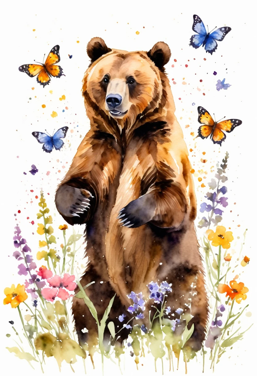 watercolor paint of a grizzlie bear playing with flower and butterflies