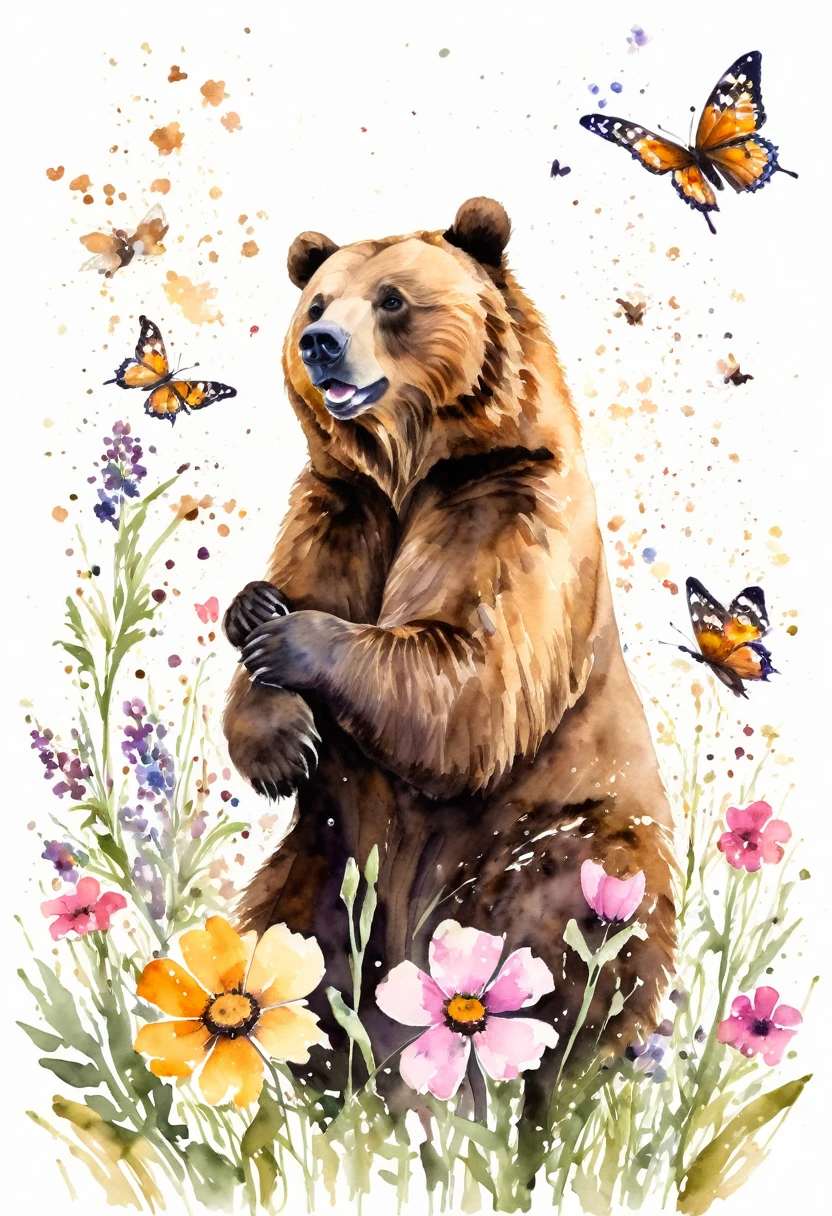 watercolor paint of a grizzlie bear playing with flower and butterflies