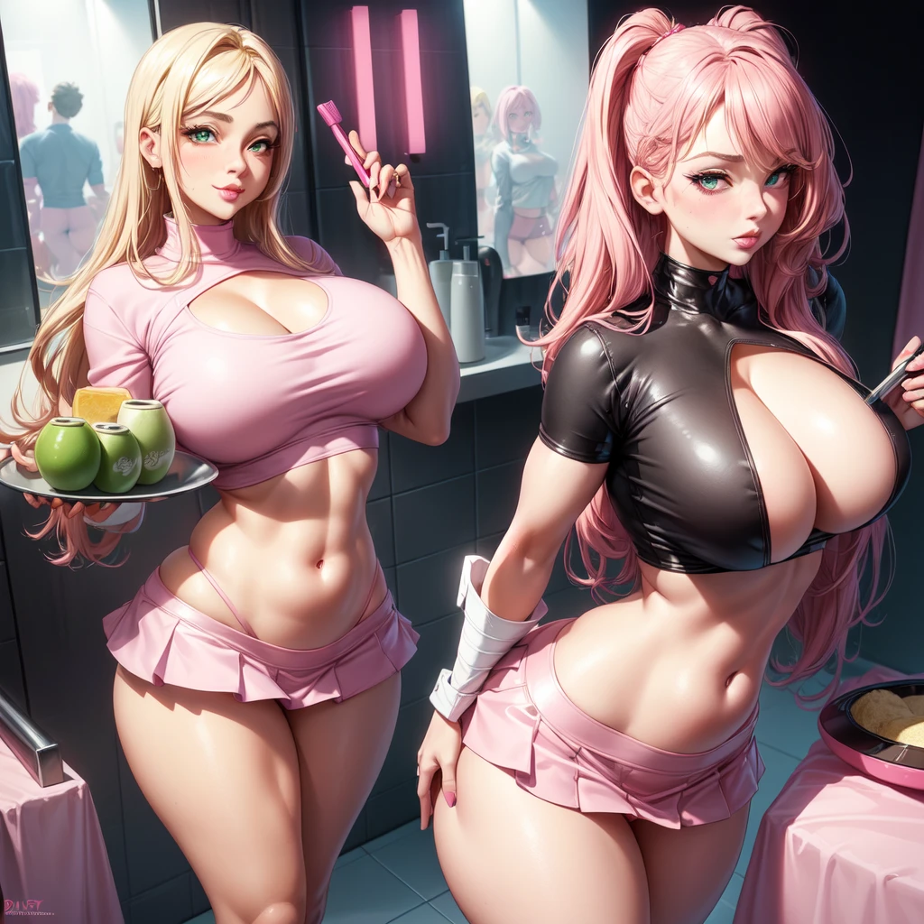 ((1 girls), solo, Big round breasts, trendy, stylish, clevage, thighs, hips, realistic, pink hair, blonde hair, light green eyes, lip gloss, detailed face, amazing big eyes, eye details, big lips, eyebrow details, pink mini skirt, crop top blush, confident, dominant, bdsm, smirk, naughty, mischevious face, HD, good quality, curvy, standing up, thick thighs, attractive, amazing body, perfect body, slim thick, indoors, pink and white outfit, bathroom sink