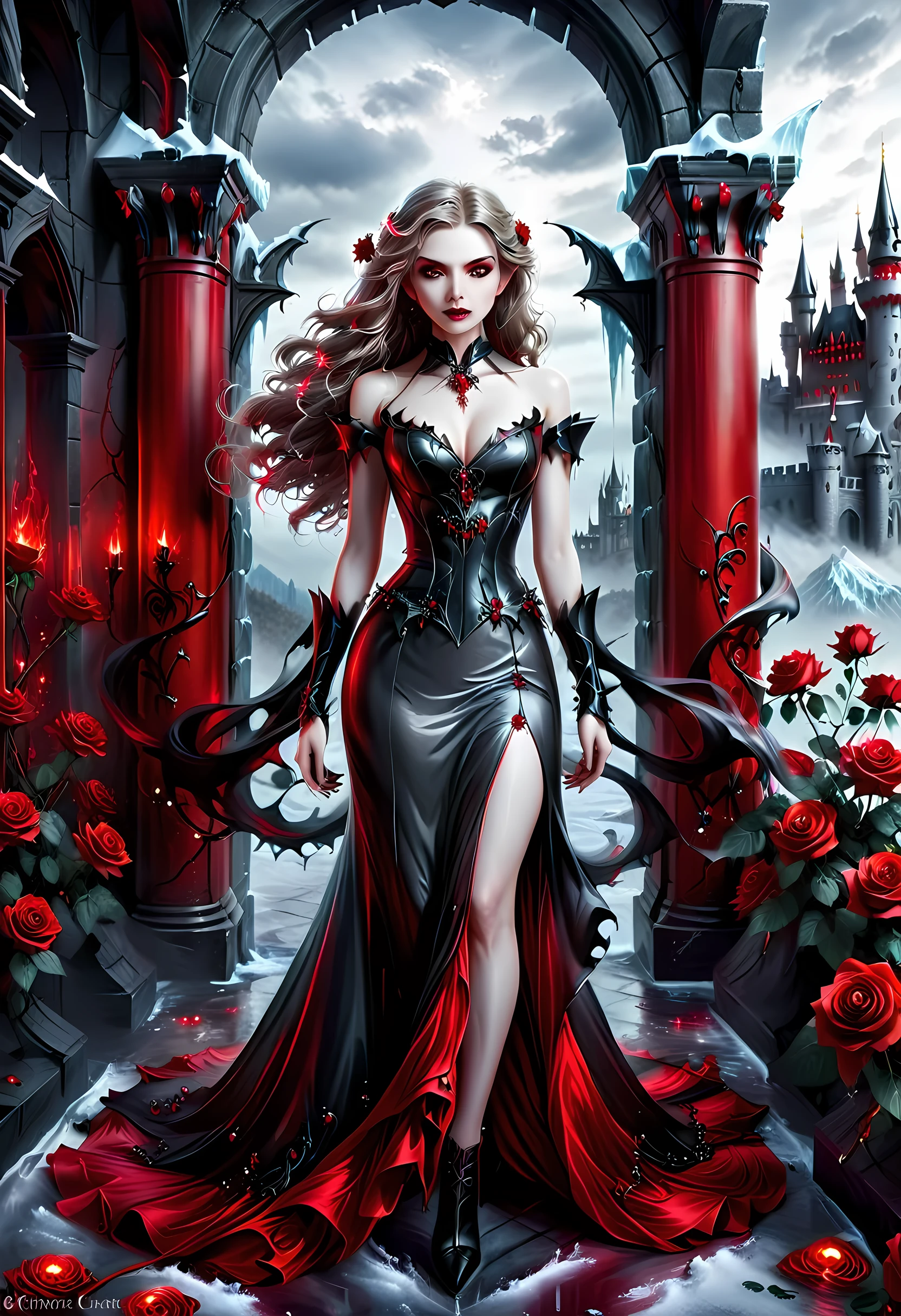Dark fantasy art, fantasy art, goth art, a picture of a female vampire, exquisite beauty, full body shot, dark glamour shot, pale white skin, dark blond hair, long hair, wavy hair, (icy grey: 1.3) eyes, she wears a (red: 1.3) dress, ArmoredDress, entwined with (black: 1.3) roses betmd, high heells, dark castle porchm, RagingNebula