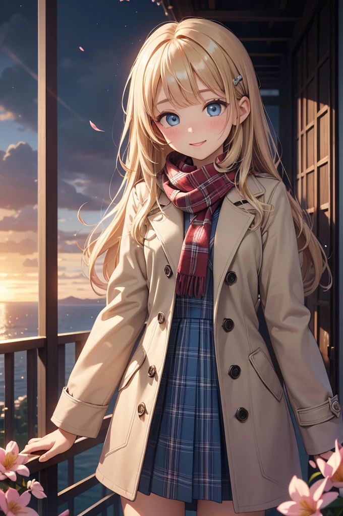 (masterpiece),(top-quality:1.2),1girl in,(masuter piece:1.3),exquisitedetails, Highest quality 8K resolution, Ultra-detailed, Realistic, Vibrant colors, Soft tones, With warm and gentle lighting,(Beautiful plaid scarf:1.3),(Preet Pink Ruffled Ribbon Dress,) (Brown long coat:1.2) early evening,Big sunset,(Smooth straight blonde hair:1.2),(Hair parted in the middle:1.3),(Glowing hair),(Dark blue eyes:1.3),White skin, hair clips,Overflowing soft and gentle feelings,(The promenade is full of flowers),The sun's rays illuminate joy and pure love, Warm golden glow,The atmosphere is full of happiness and laughter, As if celebrating love,Sticking to ultra-detailed depictions and vivid colors. In a style that blends romanticism and realism、You can feel the depth of love,color palettes,Create an ethereal atmosphere like a dream,and the lighting is soft and diffused, Shine a gentle light on your face,The artwork is a masterpiece,