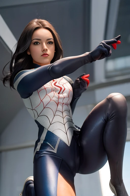 1 girl, superhero costume, falling from sky, One leg is bent at the knee, Solid gradient background, Totally spy, espionage, full bodyesbian (Dynamic pose), (from the above), (perfect face), (Beautiful eyes and face), (masterpice), (high resolution), (best qualityer), (8K), Anatomically correct, Textured skin