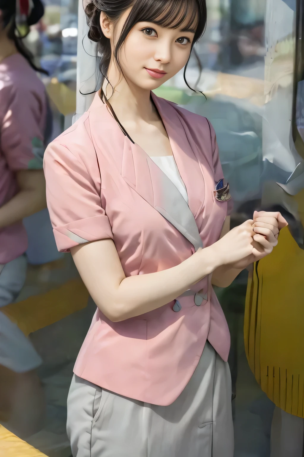 (masterpiece:1.2, Highest quality:1.2), 32k HDR, High resolution, (alone、1 girl)、 (Height: 160cm)、（On the rooftop of a building in the daytime、Professional Lighting）、Building rooftop background、（Nankai train crew uniform pinkを着たリアルスタイル）、（Nankai train crew uniform pink short sleeve collarless pink jacket、Nankai Train Crew Uniform Pink Collarless Short Sleeve Blouse、Nankai Train Crew Uniform Pink Grey Knee-length ttes）、（The pink jacket is showing from the culo.）、Dark brown hair、（Hair tied up、ed up、Eveninghairstyle）、Dark brown hair、Long Shot、Big Breasts、Thin legs、ds：2.0）），（（Harmonious body proportions：1.5）），（（Normal limbs：2.0）），（（Normal finger：2.0）），（（Delicate eyes：2.0）），（（Normal eyes：2.0））)、smile、（Nankai Train Crew Uniform Pink Grey Knee-length Culottesを見せた美しい歩く姿）、Place your haaround your stomach、Lanyard employee ID card
