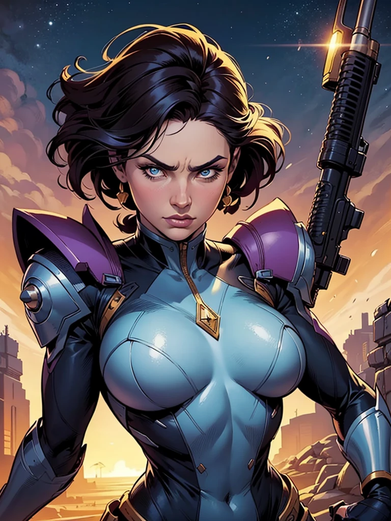 a close up of a cartoon of a woman with a gun, artegerm comic, zenoscope, Chris Moore. artegerm, by Eddie Mendoza, beautiful comic art, not artegerm style, ivan talavera and artegerm style, Artegerm and Warren Louw, artegerm e lois van baarle