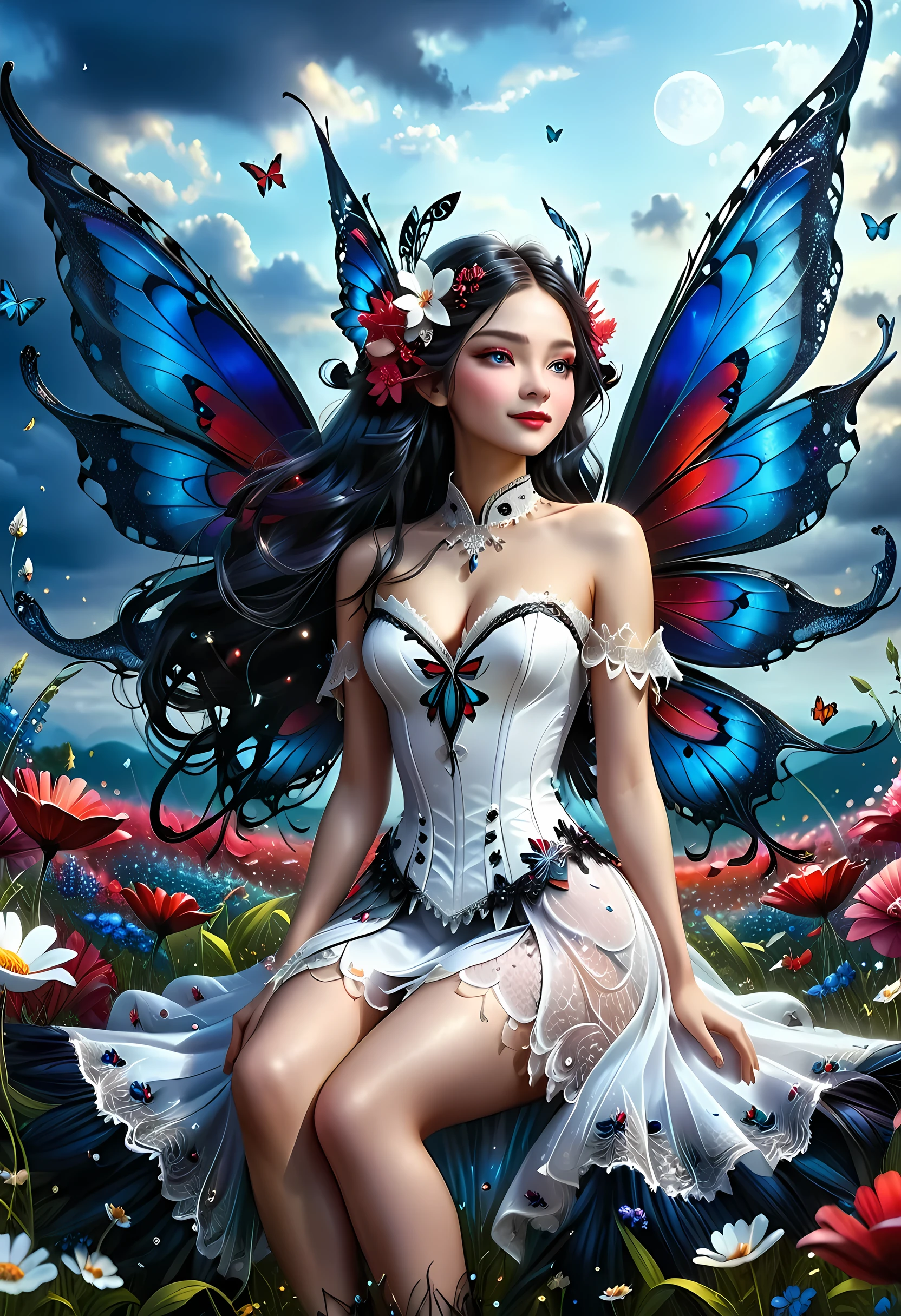 high details, best quality, 16k, RAW, [best detailed], masterpiece, best quality, (extremely detailed), full body, ultra wide shot, photorealistic, dark fantasy art, goth art, RPG art, D&D art, a picture of a dark female fairy resting in a flower meadow, extremely beautiful fairy, ultra feminine (intense details, Masterpiece, best quality), best detailed face (intense details, Masterpiece, best quality), having wide butterfly wings, spread butterfly wings (intense details, Masterpiece, best quality), dark colors wings (intense details, Masterpiece, best quality), black hair, long hair, shinning hair, flowing hair, shy smile, innocent smile, blue eyes, dark red lips, wearing ((white: 1.5)) lace dress (intense details, Masterpiece, best quality), ((white lace: 1.5)) corset (intense details, Masterpiece, best quality), dynamic elegant shirt, chocker, wearing high heels, in dark colored flower meadow (intense details, Masterpiece, best quality), (red flowers: 1.2) , (black flowers: 1.2), (white flowers: 1.2), (blue flowers: 1.3) [extreme many flowers] (intense details, Masterpiece, best quality), dark colorful flowers (intense details, Masterpiece, best quality), flower meadow in a dark goth field background, dim light, cinematic light, High Detail, Ultra High Quality, High Resolution, 16K Resolution, Ultra HD Pictures, 3D rendering Ultra Realistic, Clear Details, Realistic Detail, Ultra High Definition, lace drawing, betmd, DonMF41ryW1ng5XL
