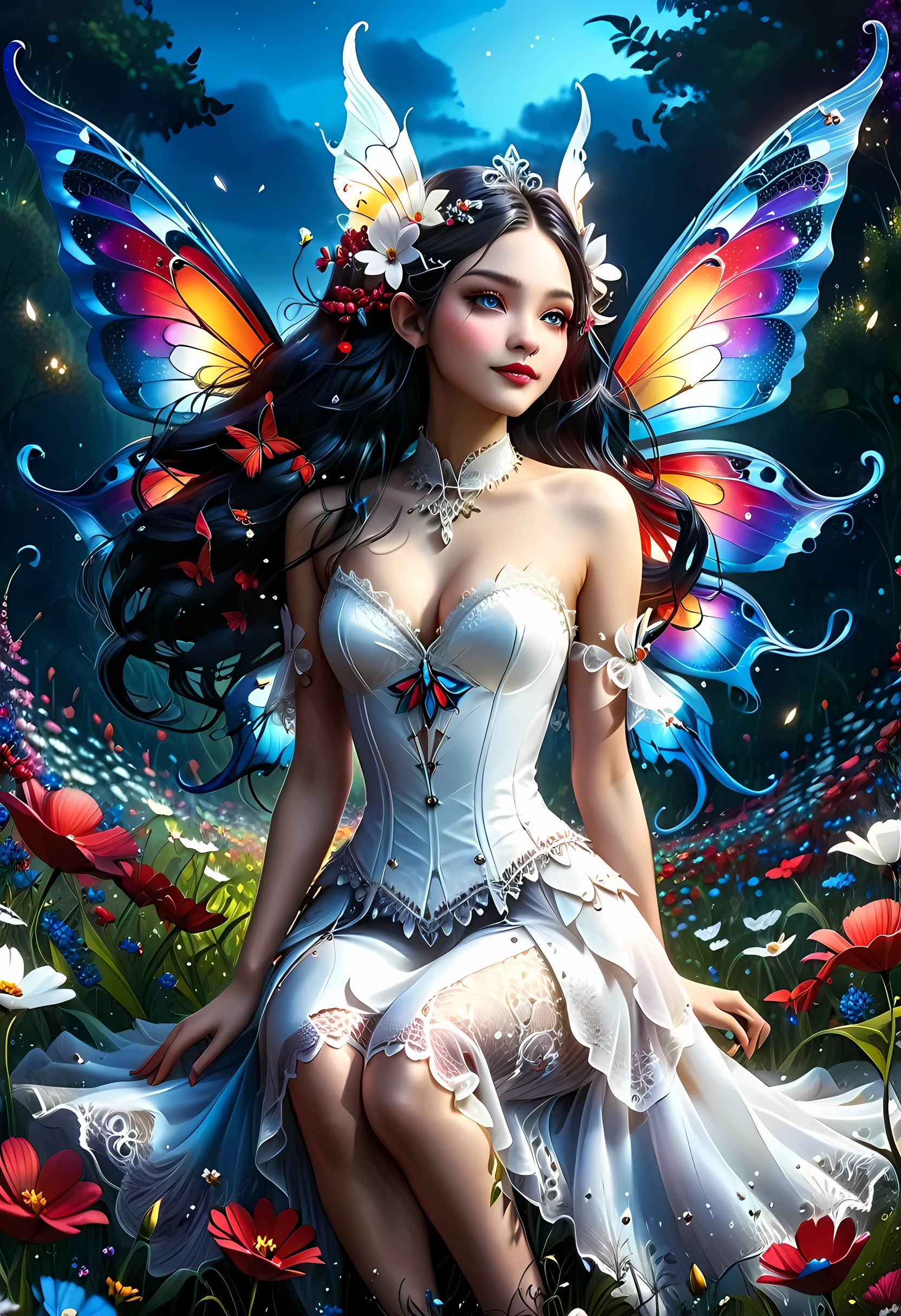 high details, best quality, 16k, RAW, [best detailed], masterpiece, best quality, (extremely detailed), full body, ultra wide shot, photorealistic, dark fantasy art, goth art, RPG art, D&D art, a picture of a dark female fairy resting in a flower meadow, extremely beautiful fairy, ultra feminine (intense details, Masterpiece, best quality), best detailed face (intense details, Masterpiece, best quality), having wide butterfly wings, spread butterfly wings (intense details, Masterpiece, best quality), dark colors wings (intense details, Masterpiece, best quality), black hair, long hair, shinning hair, flowing hair, shy smile, innocent smile, blue eyes, dark red lips, wearing ((white: 1.5)) lace dress (intense details, Masterpiece, best quality), ((white lace: 1.5)) corset (intense details, Masterpiece, best quality), dynamic elegant shirt, chocker, wearing high heels, in dark colored flower meadow (intense details, Masterpiece, best quality), (red flowers: 1.2) , (black flowers: 1.2), (white flowers: 1.2), (blue flowers: 1.3) [extreme many flowers] (intense details, Masterpiece, best quality), dark colorful flowers (intense details, Masterpiece, best quality), flower meadow in a dark goth field background, dim light, cinematic light, High Detail, Ultra High Quality, High Resolution, 16K Resolution, Ultra HD Pictures, 3D rendering Ultra Realistic, Clear Details, Realistic Detail, Ultra High Definition, lace drawing, betmd, DonMF41ryW1ng5XL
