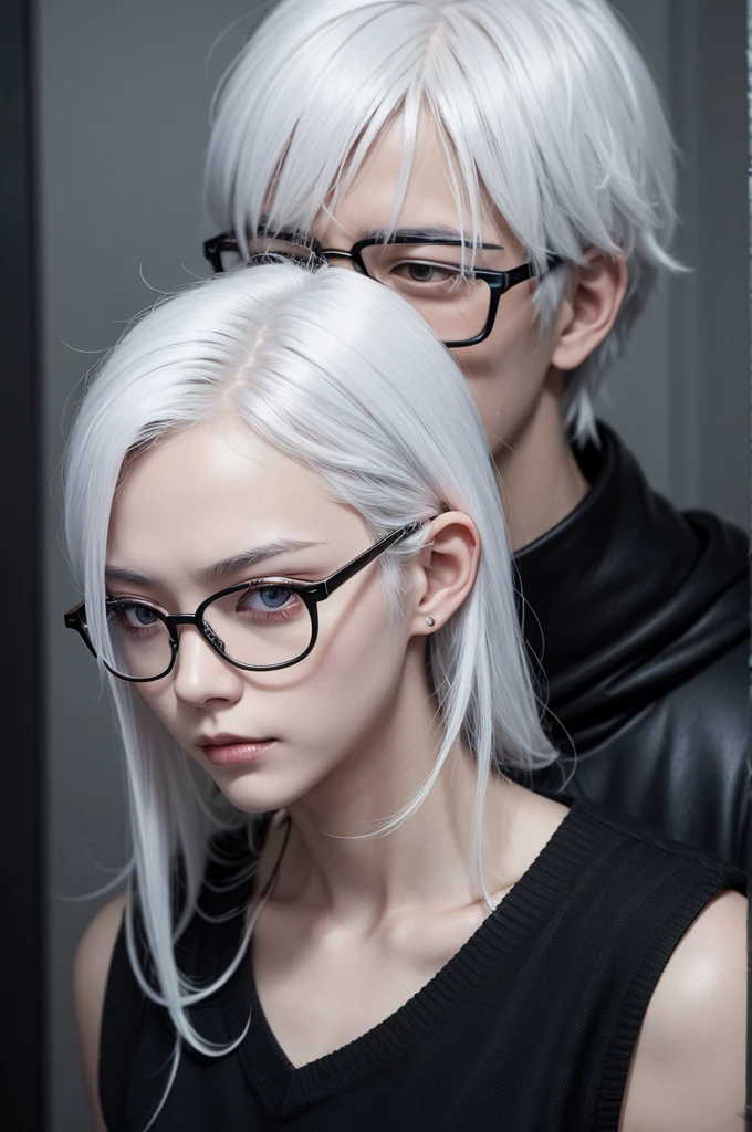 Character with white hair, fair skin, tired face, wears glasses and black clothing