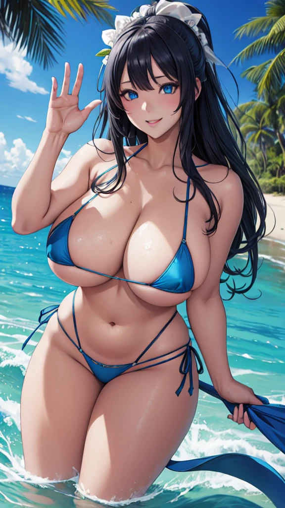 NFSW, water着, One girl, blue eyes, large 胸, belly button, water, Close one eye, Nipple slip, Open your mouth, Thighs, slingshot water着, bikini, null, Underarm, View your viewers, Outdoor, Wet, thick Thighs, Raise the hand, hair ornaments, thin micro bikini, Day, Covered nipples, water遊び, smile, blue null