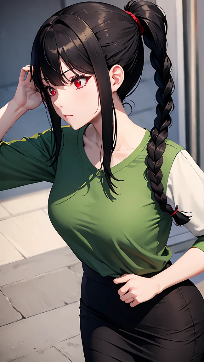 Girl1,from above,triangle face,red eyes,black hair,braided ponytail hairstyle,green t-shirt,Pencil skirt,highly detailed,HD