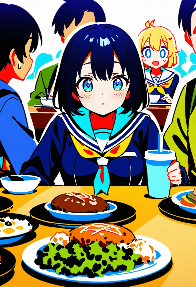 You are a professional illustrator。Please carefully check and draw the illustration according to the following conditions.。High school students enjoying their lunch in a crowded cafeteria、Delicate and beautiful anime face、Clear Eyes、Sailor suit、Braided short hair、