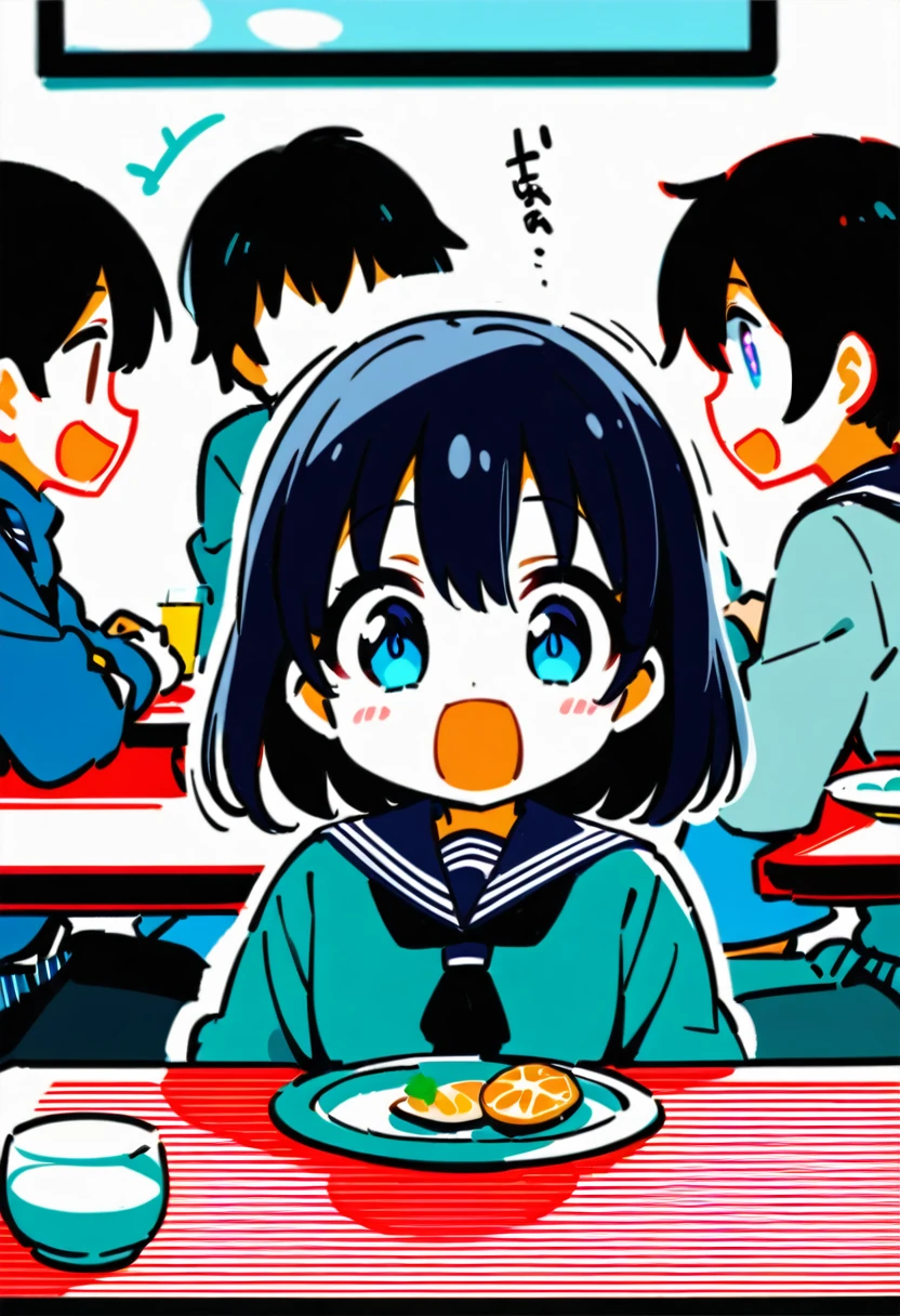 You are a professional illustrator。Please carefully check and draw the illustration according to the following conditions.。High school students enjoying their lunch in a crowded cafeteria、Delicate and beautiful anime face、Clear Eyes、Sailor suit、Braided short hair、